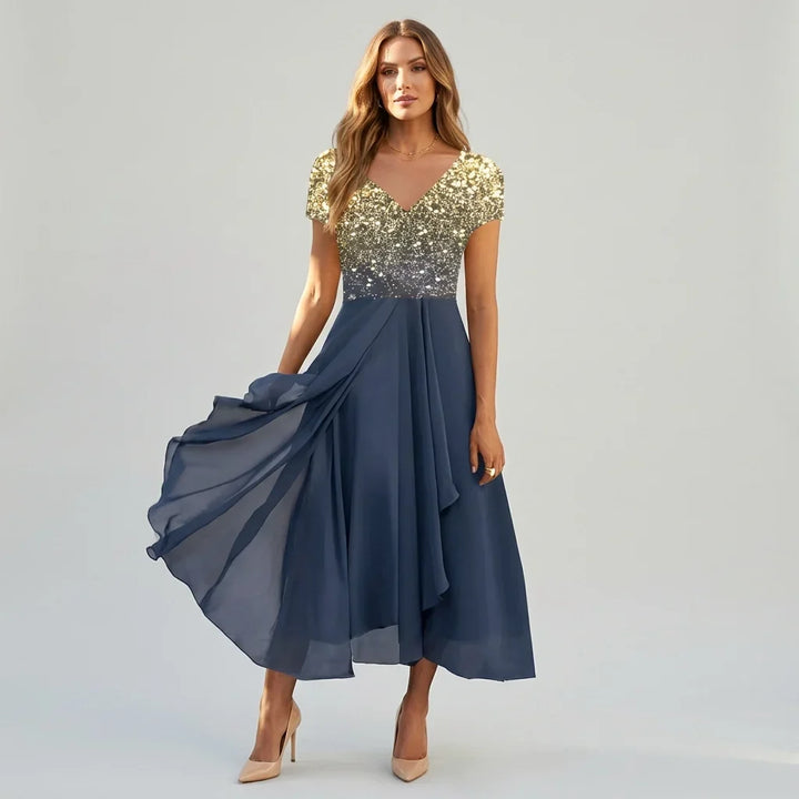 Festliches Damen Ballkleid A-Linie, wadenlang mit Pailletten-Bestickung und Kurzarm für Abendveranstaltungen.