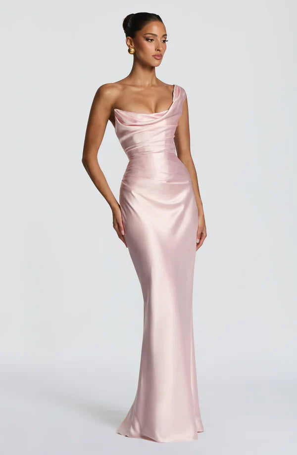 Festliches One Shoulder Damen Abendkleid, bodenlang, perfekt für Hochzeiten & Partys.