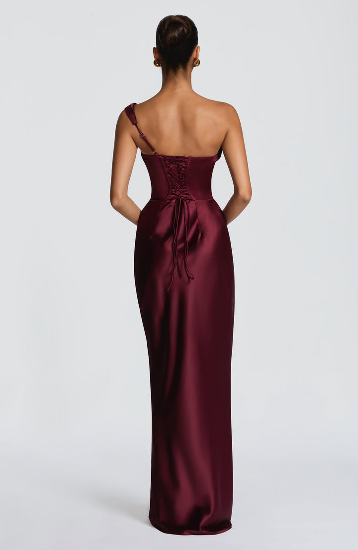 Elegantes Damen Partykleid Maxi mit One Shoulder Schnitt und raffinierter Rücken Schnürung.