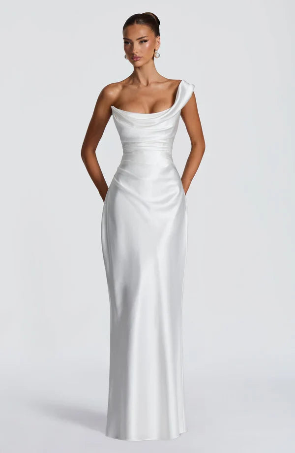 Damen One Shoulder Abendkleid Maxi, mit zarter Rücken Schnürung.