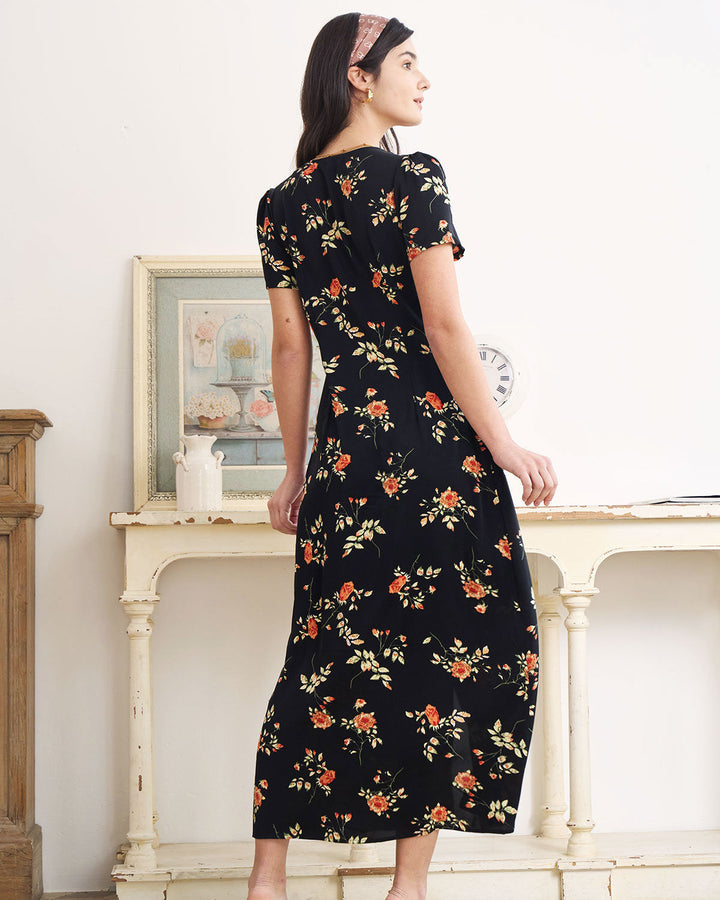 Fließendes schwarzes Damen Abendkleid, Maxikleid mit elegantem V-Ausschnitt und kurzen Ärmeln. Stilvoll.