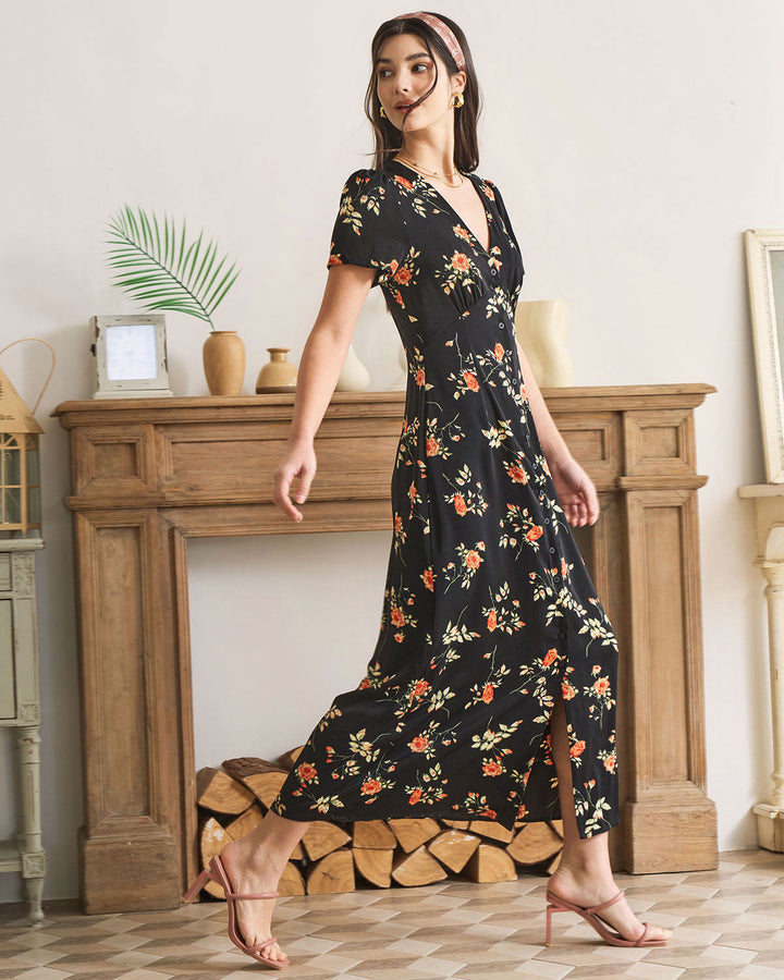 Langes Damen Maxikleid, elegantes schwarzes Sommerkleid mit Blumenmuster, V-Ausschnitt und Kurzarm Design.