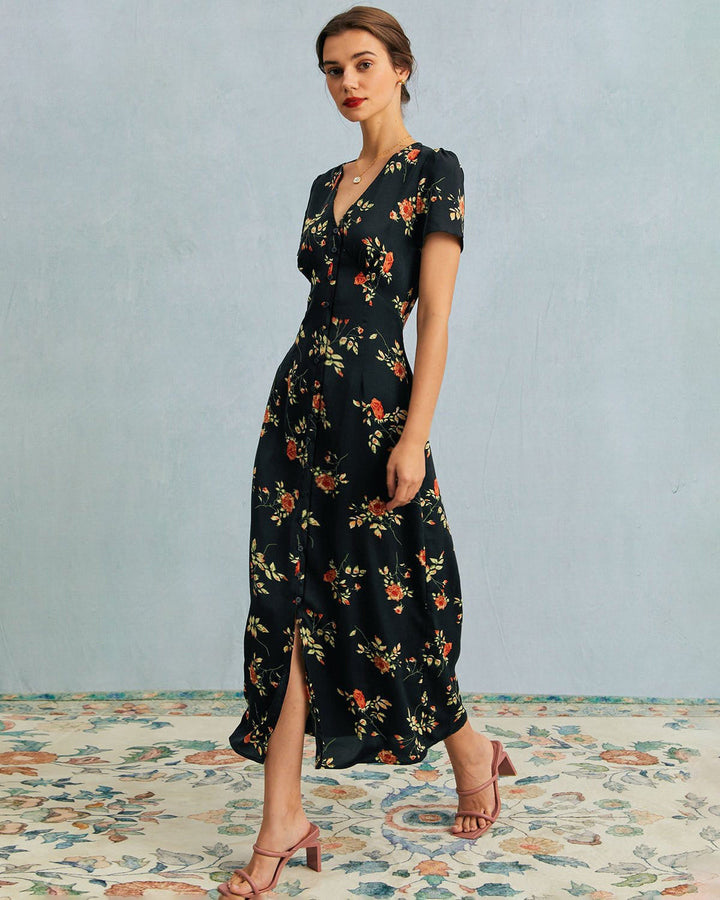 Elegantes schwarzes Damen Maxikleid mit V-Ausschnitt und fließendem Stoff, ideal für Abend oder festliche Anlässe.