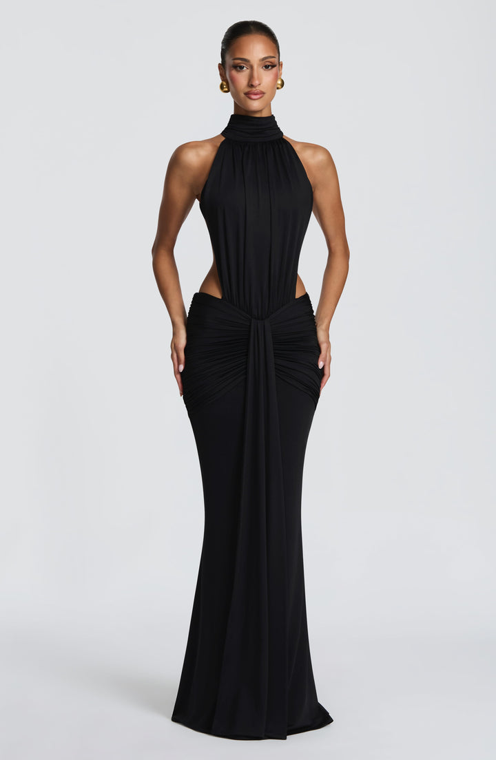 Eleganter Neckholder Maxikleid, figurbetontes Abendkleid, langer Schnitt, mit offenem Rücken.