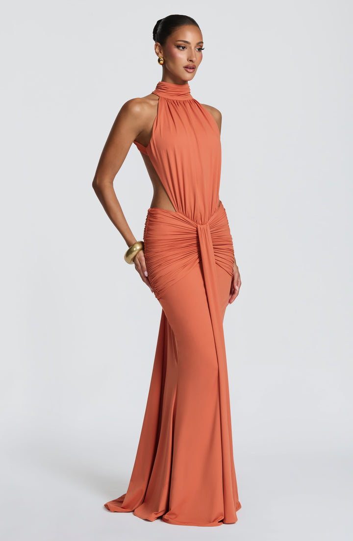 Langes Neckholder Abendkleid, glamourös, mit tiefem Rückenausschnitt, perfekt für Gala & Events.