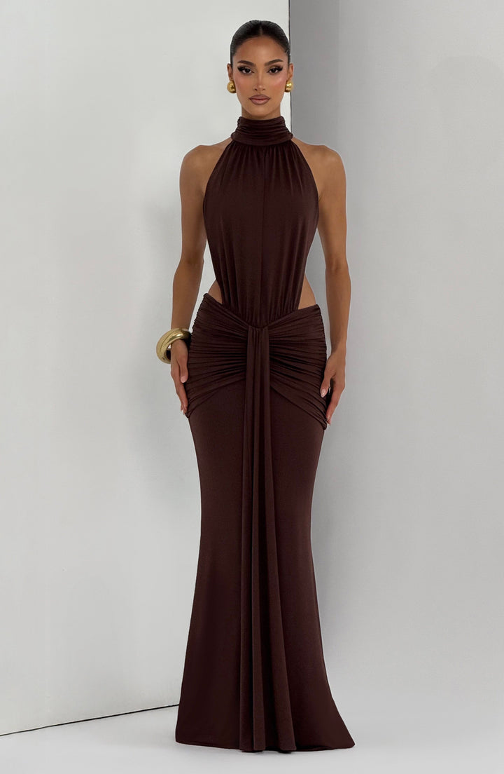 Festliches Damen Maxikleid, Neckholder, figurbetont, eleganter Rückenausschnitt, Abendgarderobe.