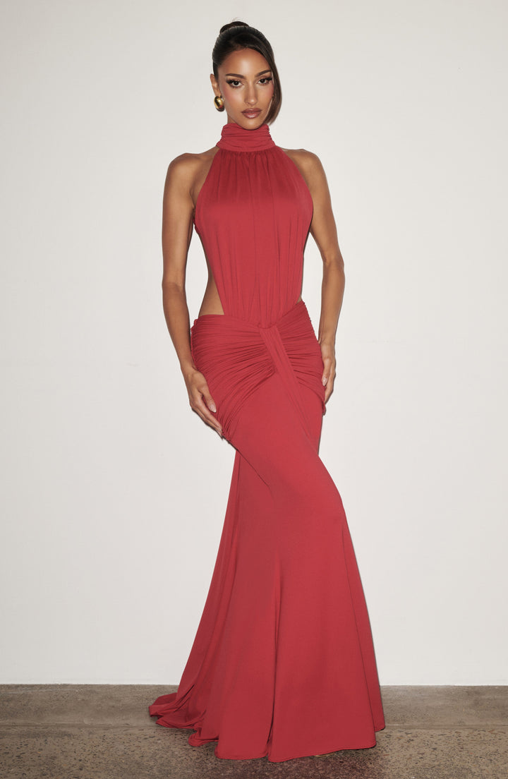 Damen Neckholder Abendkleid, stilvolles Maxikleid, langer Schnitt, tiefer Rückenausschnitt.