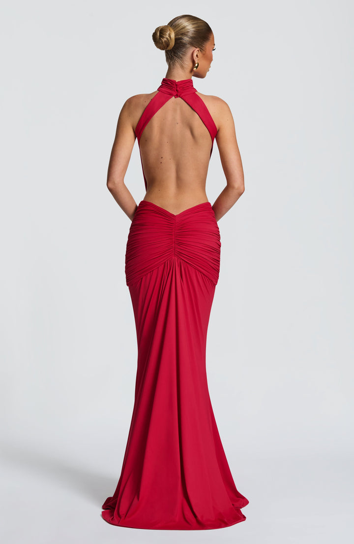 Elegantes Abendkleid mit Neckholder und tiefem Rückenausschnitt, langes Maxikleid für Damen.