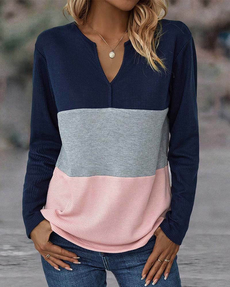 Lässiger Damen Farbblock Pullover, langärmlig und bequem, perfekt für trendige Herbst- und Frühlingslooks.