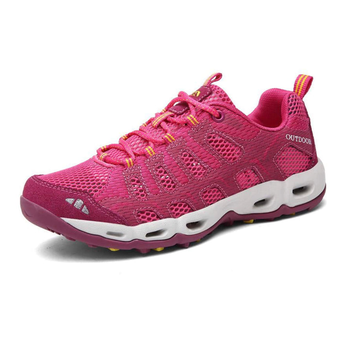 Robuste pink-blaue Damen Trekking Walkingschuhe. Bietet Halt & Dämpfung für Sport, Laufen & lange Spaziergänge.
