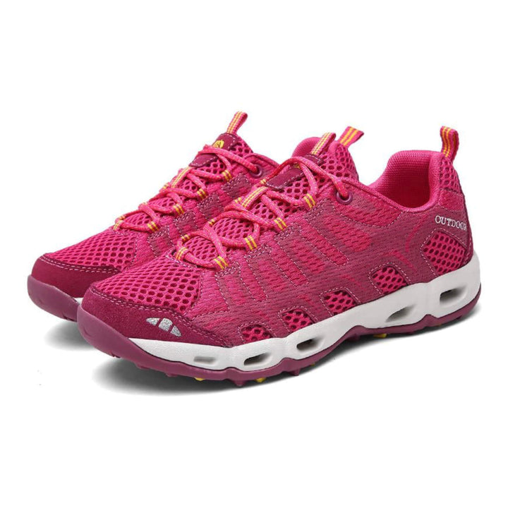 Pink-blaue Damen Trekking Sneaker mit Komfort & Halt. Bequeme Damenschuhe für Walking, Sport & Freizeit. Hallux geeignet.