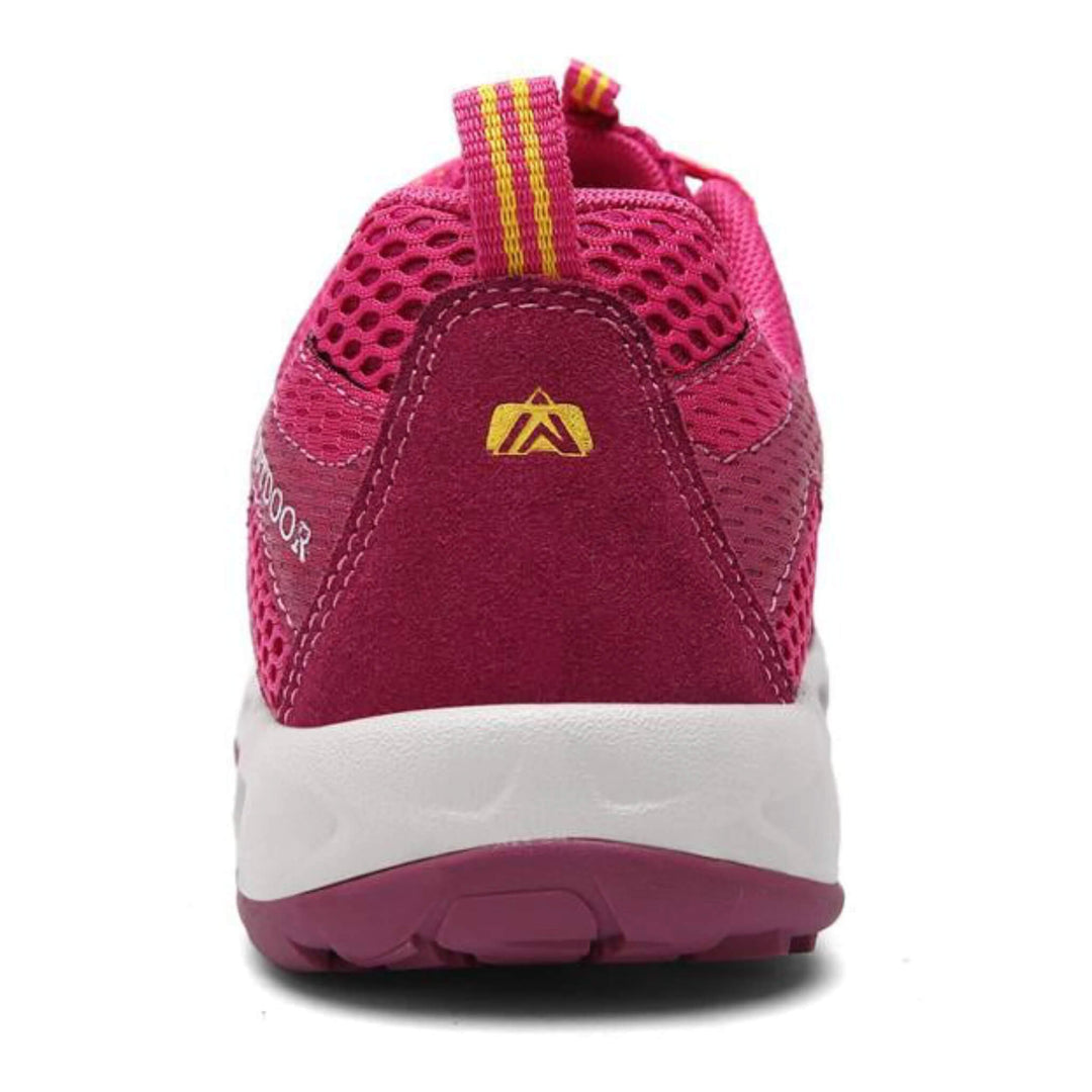 Atmungsaktive pink-blaue Damen Trekking Sneaker. Komfortable Damenschuhe mit optimalem Halt für aktive Freizeit.