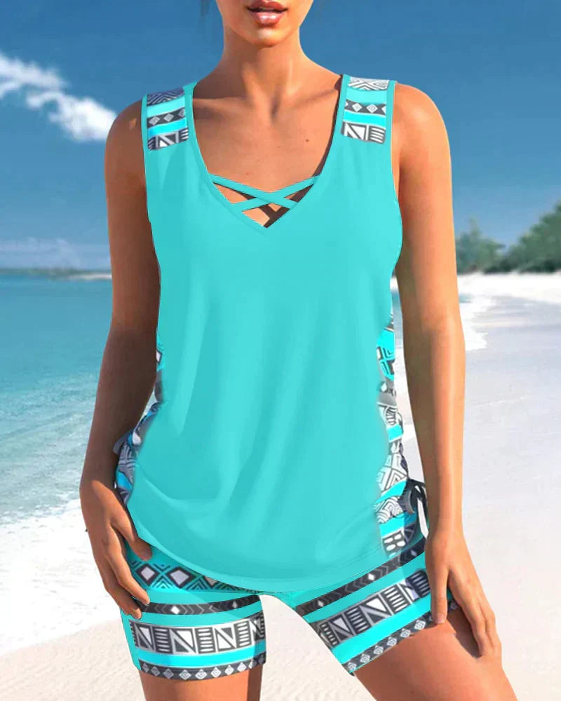 Damen Tankini Set, zweiteilig, V-Ausschnitt, geometrisches Muster, ideale Bademode für den Sommer.