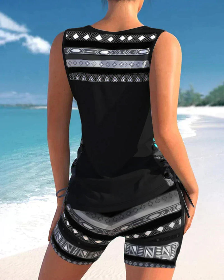 Neues Damen Tankini Set mit modernem Geometrie-Muster, V-Ausschnitt, ideal für Sommerurlaub & Pool.