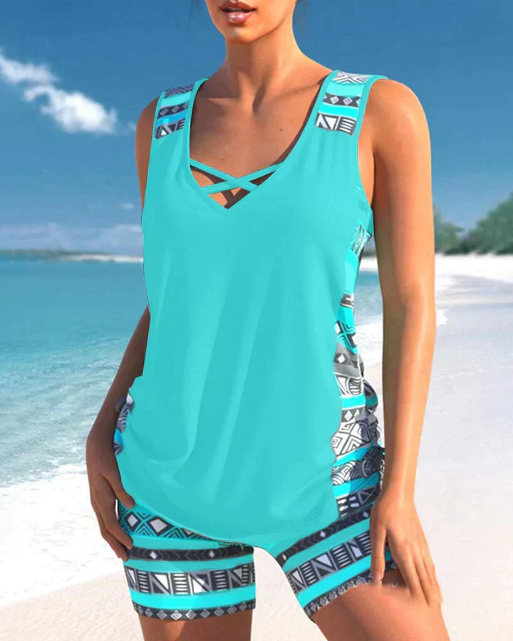 Sommerliches Damen Tankini Set mit V-Ausschnitt & geometrischem Print – Ihre perfekte Bademode für den Urlaub.