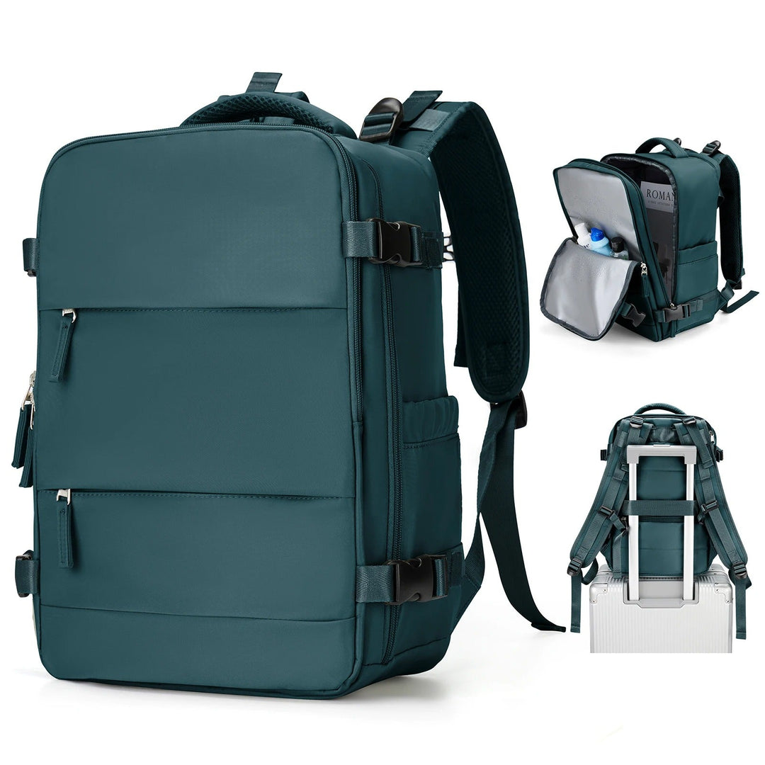 Vielseitiger Laptoprucksack in Pfauenblau, handgepäcktauglich für müheloses Reisen, Arbeit oder Schule; robustes Polyester.