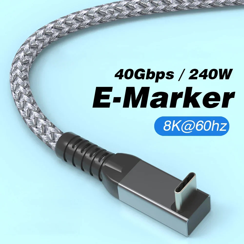 Schwarz-graues USB4 Typ-C Kabel mit 90° Stecker, 40 Gbit/s für schnelle Datenübertragung.