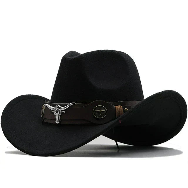 Damen Western-Cowboyhut in Filzoptik mit eleganter Stier-Schnalle; ideal für Boho & Festival.