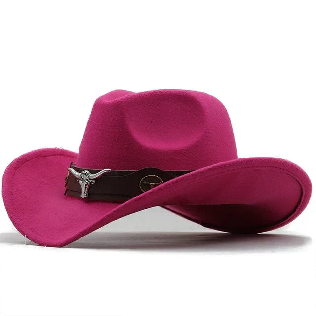 Vintage Damen Western-Cowboyhut aus Kunstleder-Filzoptik mit Stierschnalle; ideal für Reise & Festival.