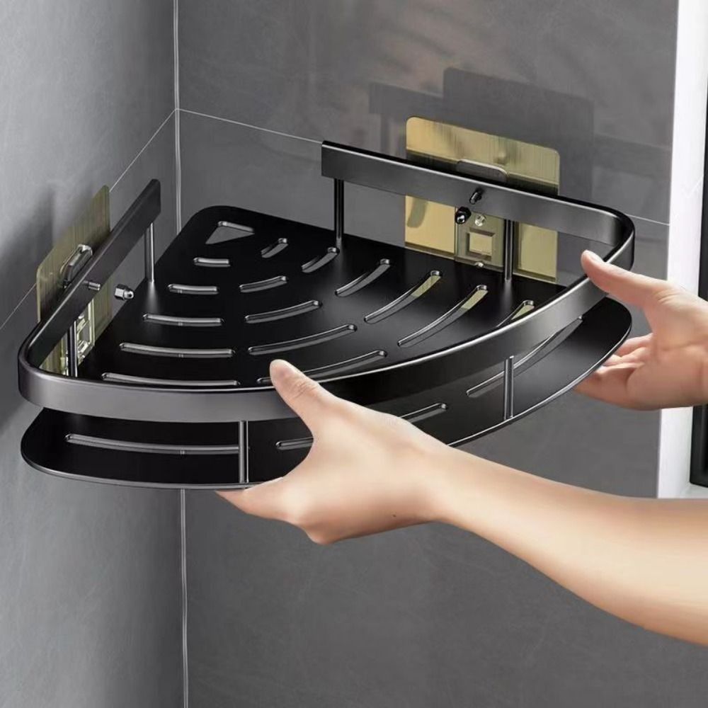 Aluminium Eckregal für Badezimmer, bohrfrei, ideal für Dusche & Badorganisation. Maximiert Stauraum ohne Bohren.