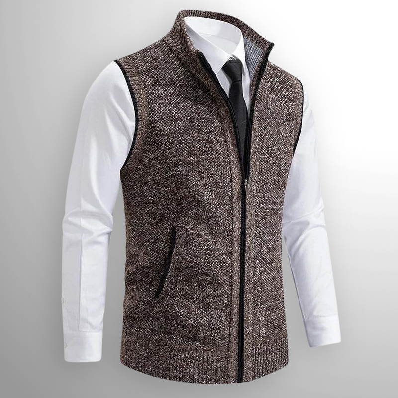 Dunkelblaue Herren Strickweste mit Stehkragen. Ärmellose Weste mit Reißverschluss für elegante Looks.