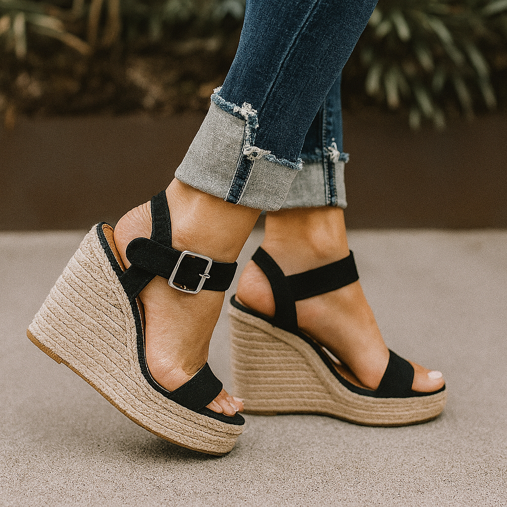 Braune & schwarze Damen Espadrilles Sandalen mit Keilabsatz, verstellbar, ideal als bequeme Sommerschuhe.