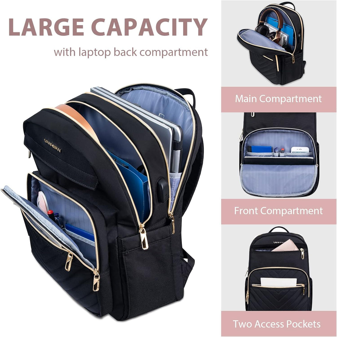 Frau trägt leichten Damen Laptop-Rucksack (15,6") mit USB-Anschluss. Ideal für Pendeln & Reisen in der Stadt.