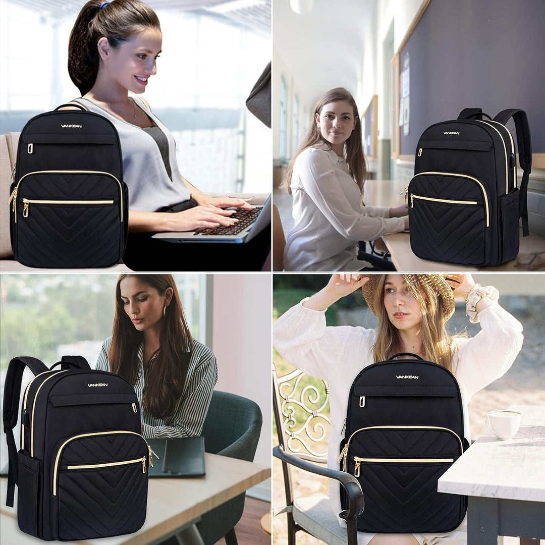 Nahaufnahme des strapazierfähigen, wasserdichten Materials vom Damen Laptop-Rucksack mit USB-Ladeanschluss.