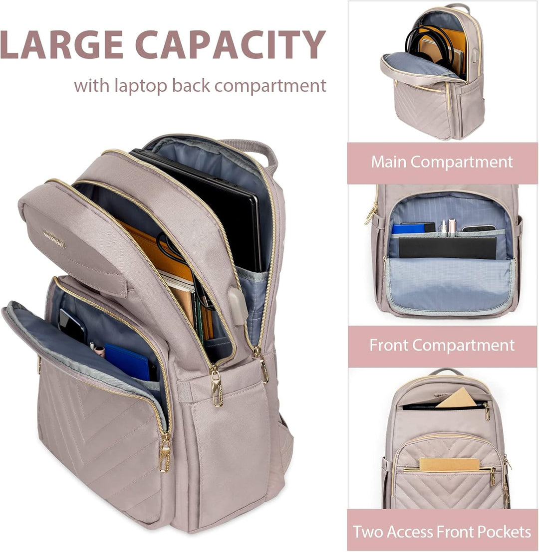 Rosa Damen Laptop-Rucksack, wasserdicht, mit USB-Ladeanschluss. Perfekt für Schule und Büro.