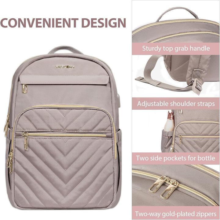 Schwarzer Damen Laptop-Rucksack, wasserdicht, mit USB-Port. Robuster Begleiter für Reise & Alltag.