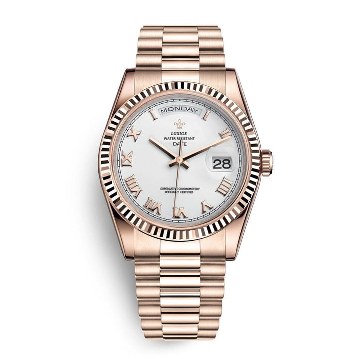 Nahaufnahme der Unisex Automatik Uhr aus Edelstahl mit Tages- & Datumsanzeige. Elegant, klassisch, stilvoll.