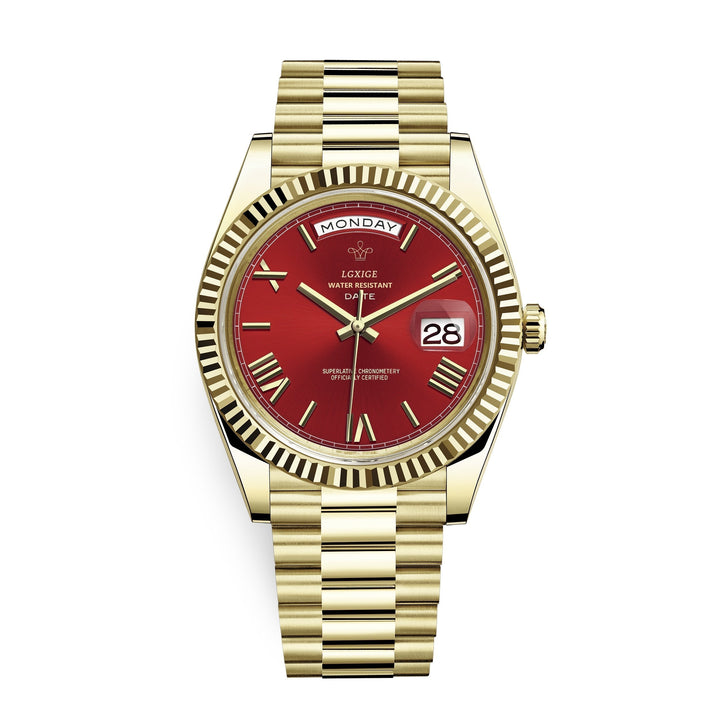 Detailansicht: Mechanische Unisex Armbanduhr mit Tagesdatum, poliertem Edelstahlgehäuse.