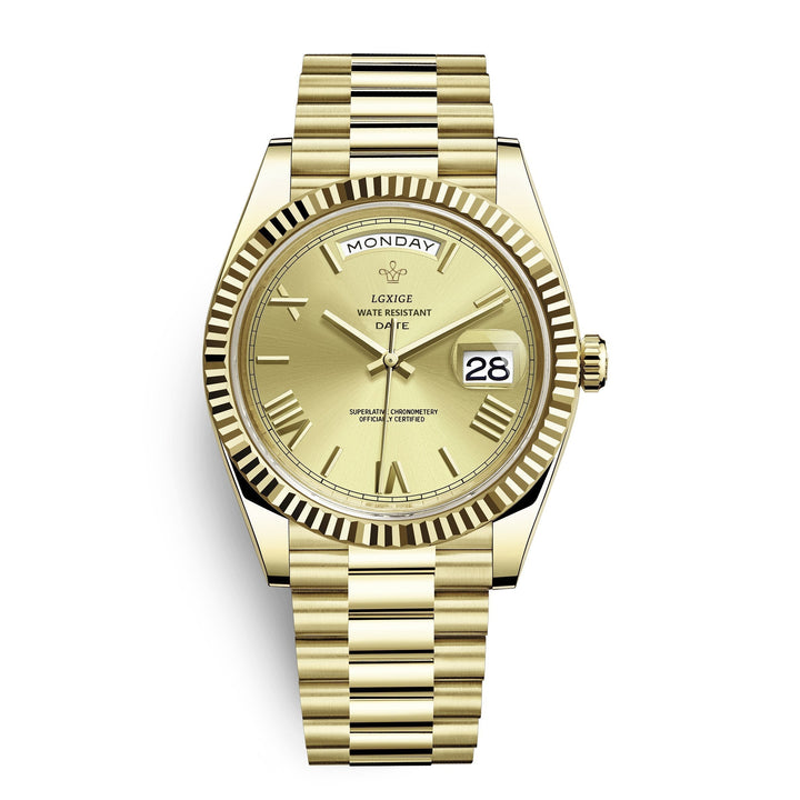 Elegante Analog-Armbanduhr für Damen & Herren, Automatikwerk, Edelstahl, Tages- und Datum.