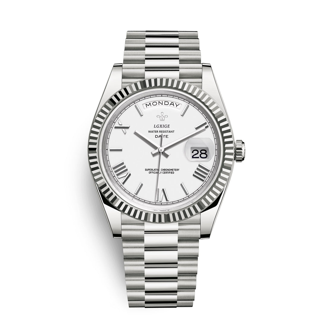 Hochwertige mechanische Unisex Uhr mit kratzfestem Glas und deutlicher Tagesdatum-Anzeige.
