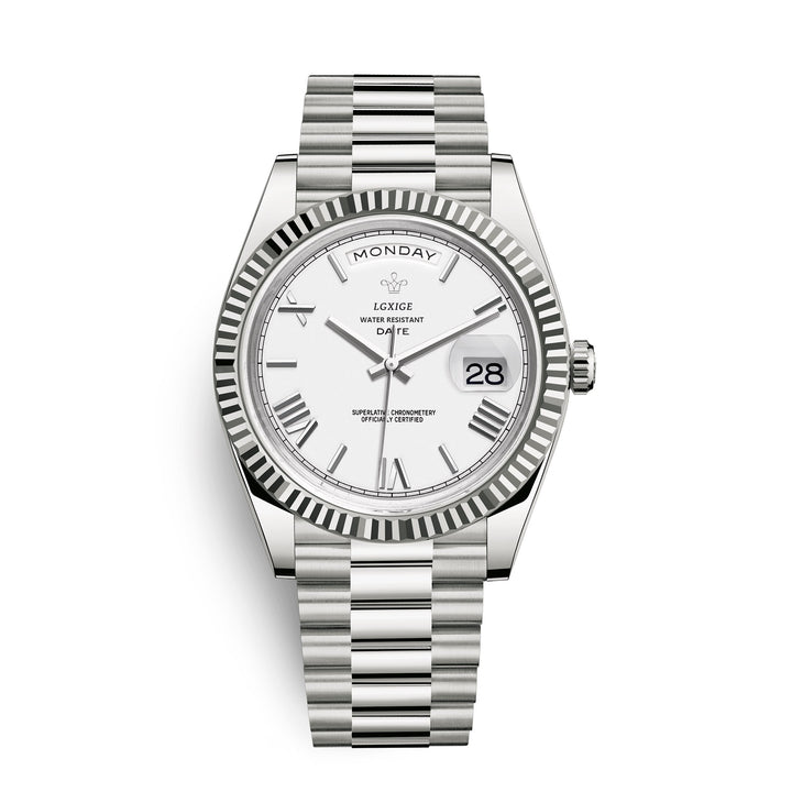 Hochwertige mechanische Unisex Uhr mit kratzfestem Glas und deutlicher Tagesdatum-Anzeige.