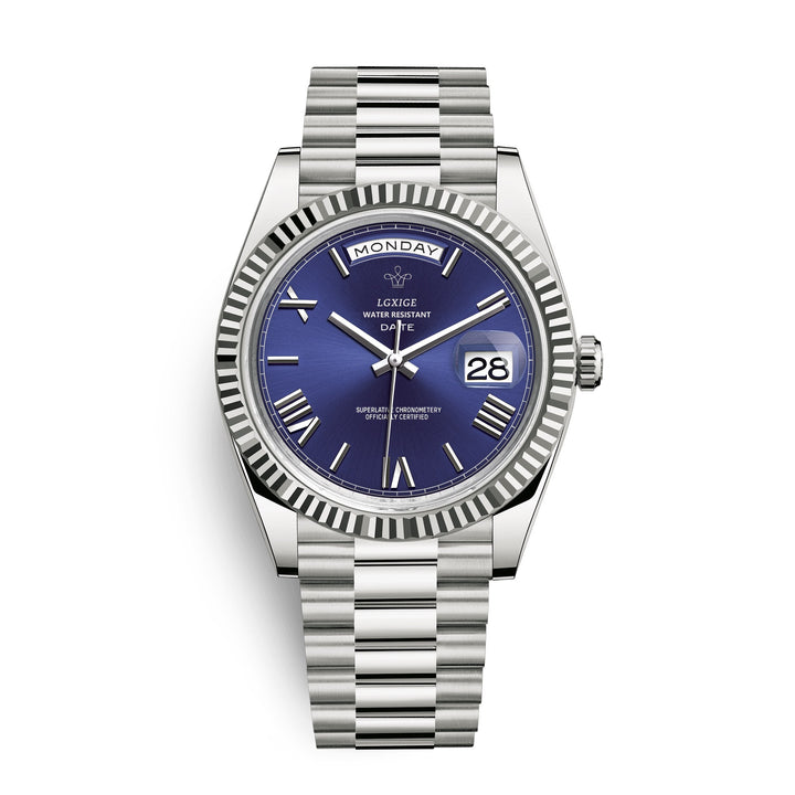 Unisex Edelstahl-Automatik-Armbanduhr, klassisch elegant, mit Tages- & Datumsfunktion.