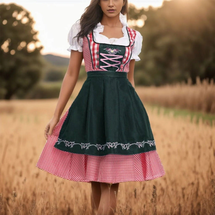 Traditionelles Damen Dirndl, kariert, dreiteilig für Oktoberfest. Inkl. Bluse & Schürze, ideal für Tracht.