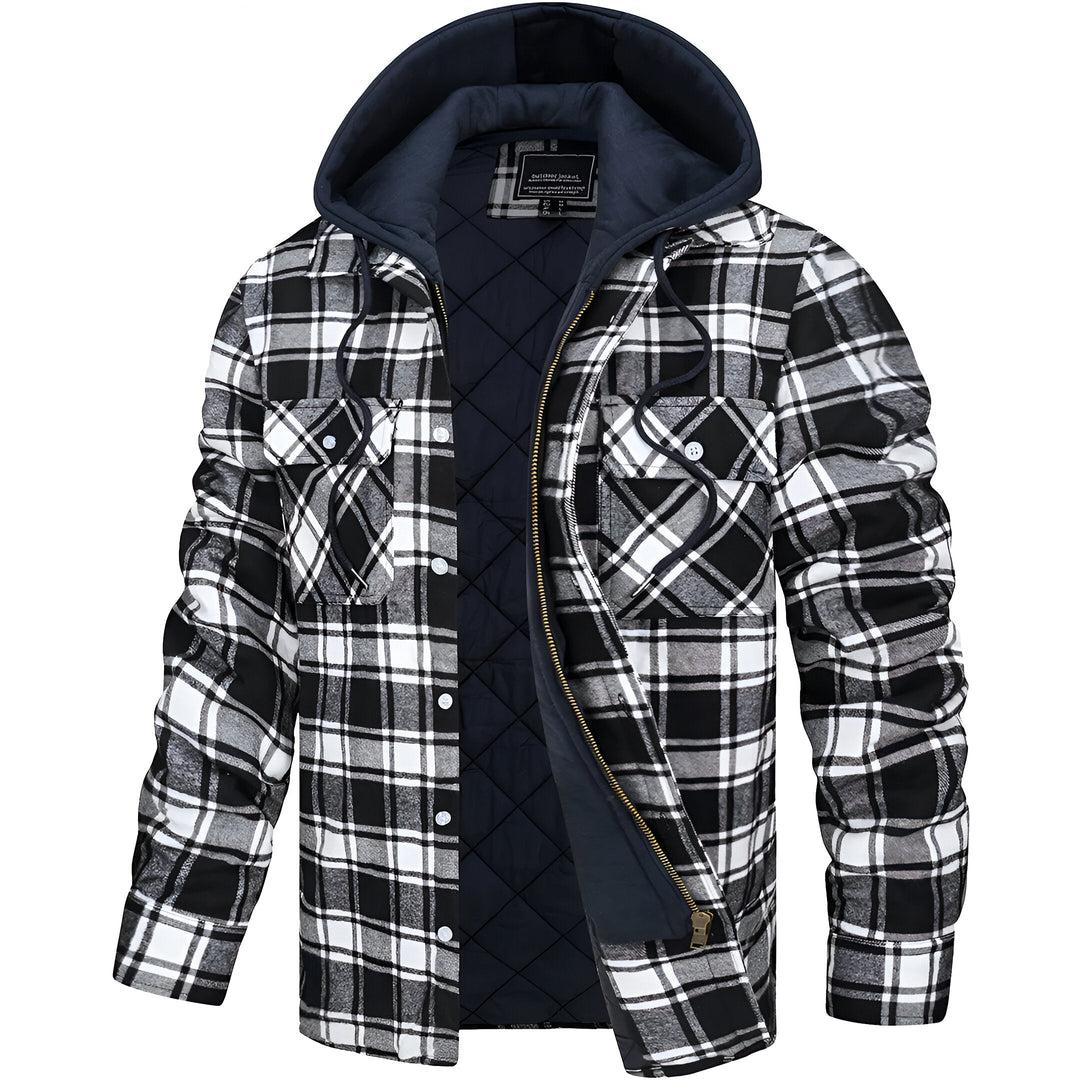 Rückenansicht der Casual Herren Reißverschlussjacke mit Kapuze; praktische Outdoor-Freizeitjacke.