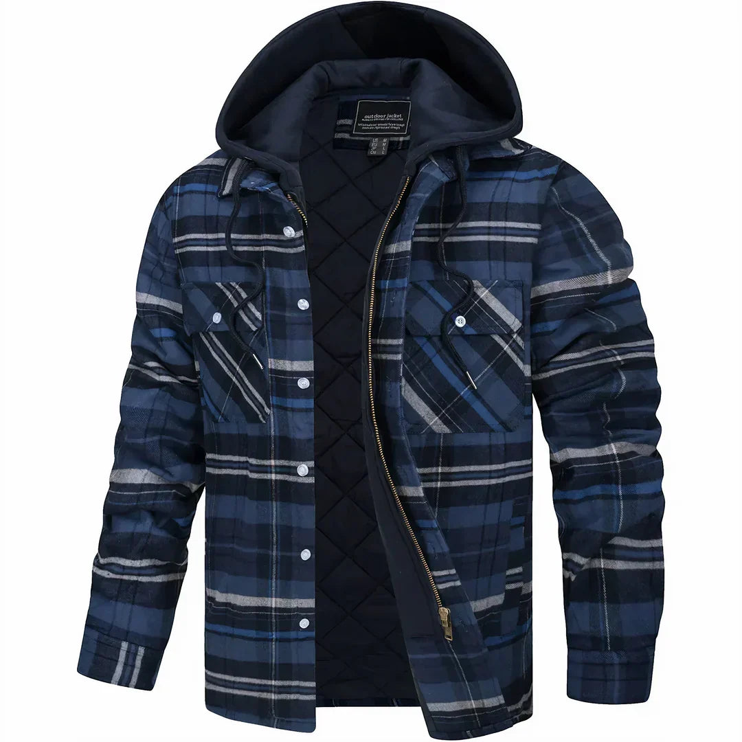 Rückansicht der warmen Herren Winterjacke mit Kapuze. Perfekte winddichte & wasserabweisende Outdoor-Freizeitjacke.