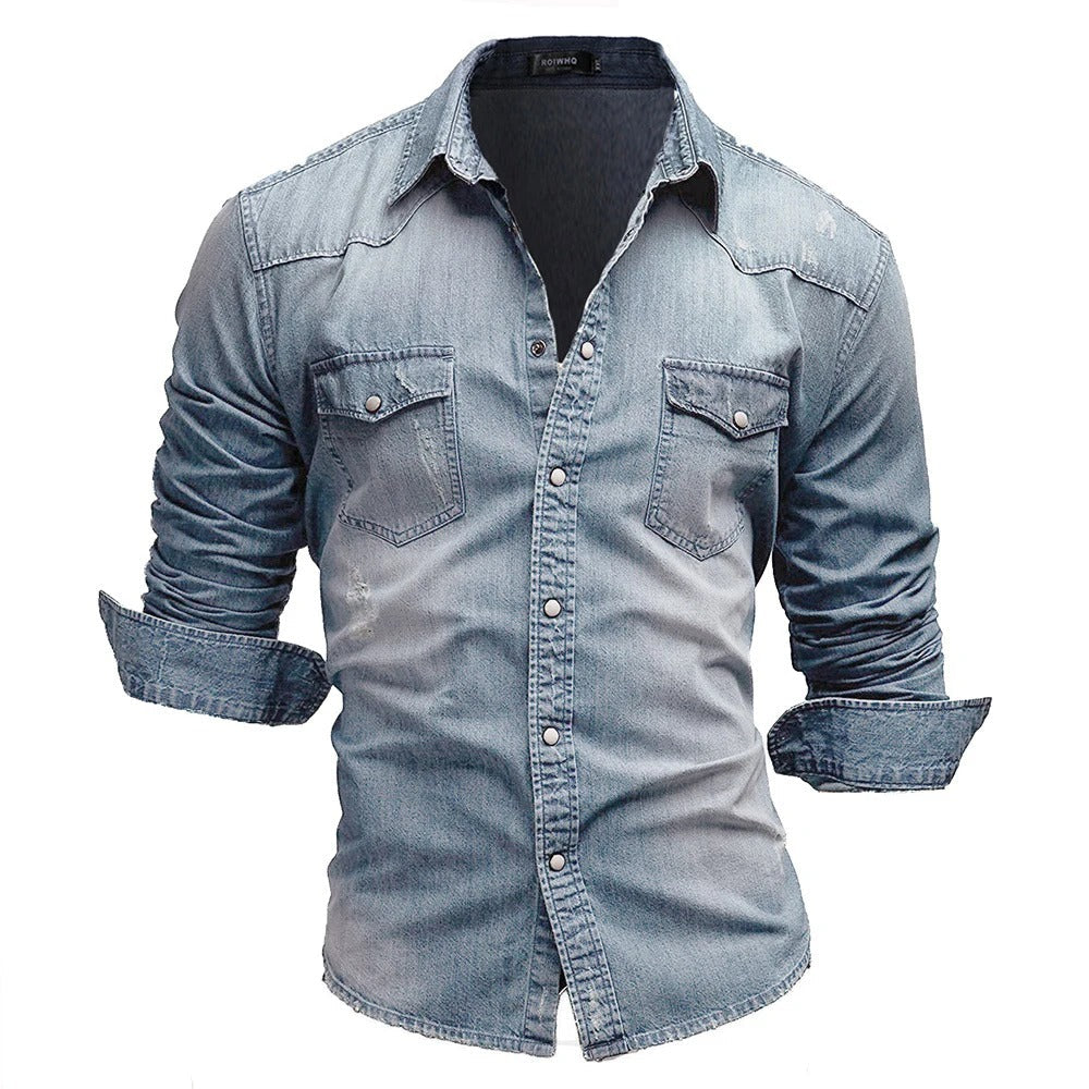 Azurblaues Herren Freizeit Langarmhemd mit Kentkragen & Knopfleiste. Stylisches Casual Hemd für Herren.