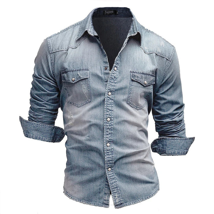 Azurblaues Herren Freizeit Langarmhemd mit Kentkragen & Knopfleiste. Stylisches Casual Hemd für Herren.