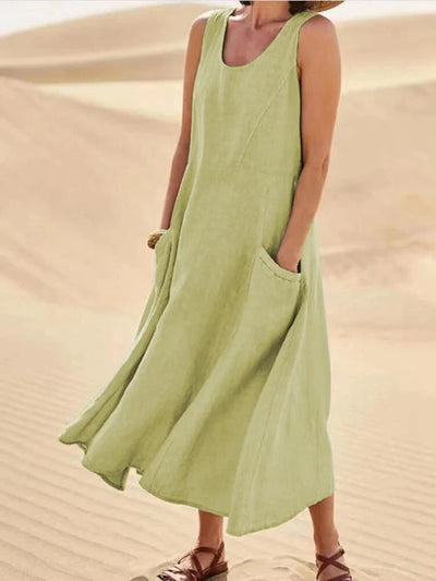 Damen-Midikleid in A-Linie aus Leinen mit Taschen. Elegantes, bequemes Sommerkleid für vielseitige Anlässe.