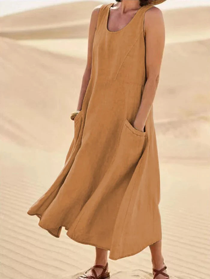 Ganzjähriges Damen A-Linien-Kleid aus Leinen mit Taschen. Bequemes, vielseitiges Midikleid für jeden Stil.