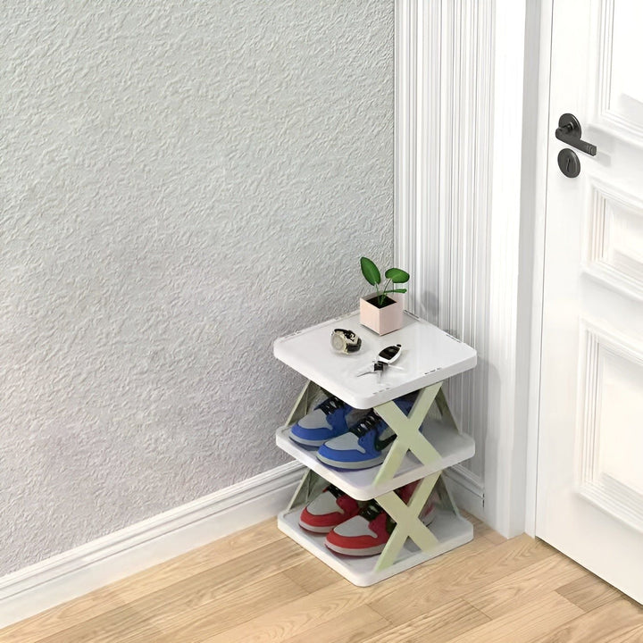 Flexibles, faltbares Schuhregal aus Metall, ideal für kleine Wohnungen.