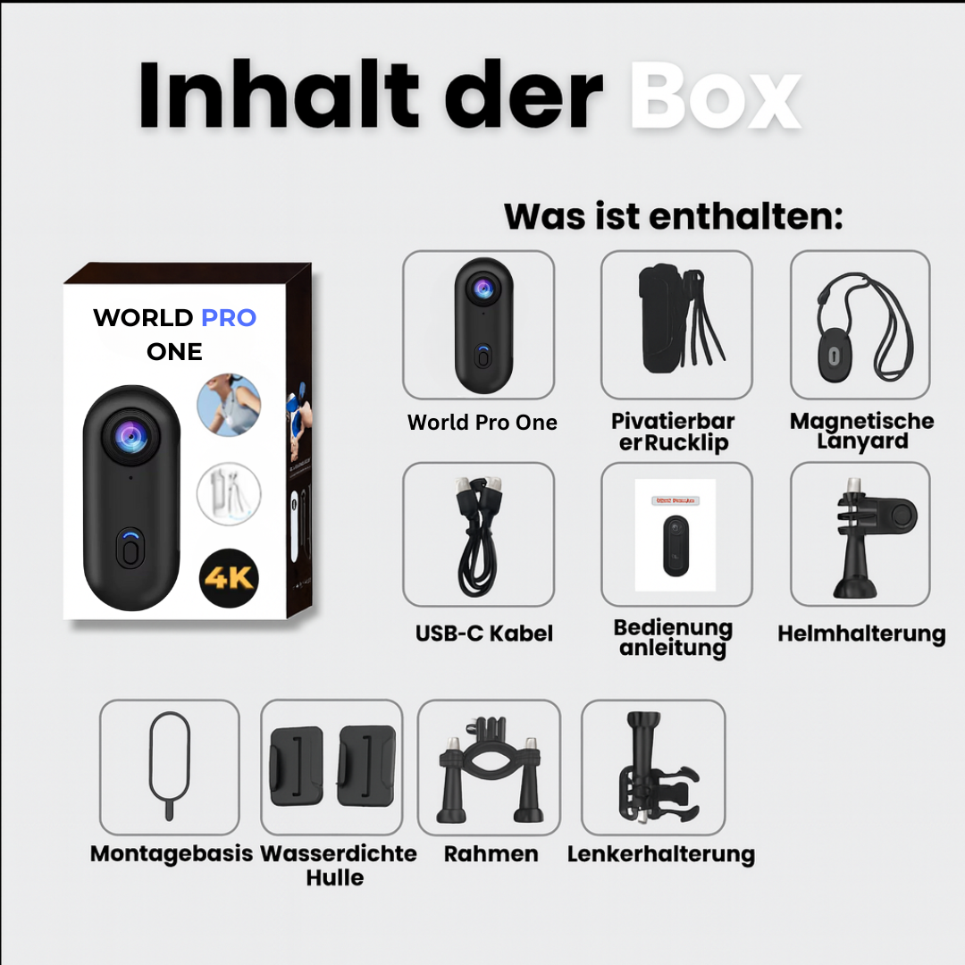 WORLD PRO ONE Freihand-Kamera für immersive POV-Aufnahmen. Kompakte Actionkamera für Outdoor & Reisen.