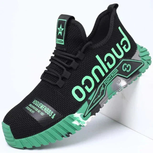 Detailansicht atmungsaktiver Herren Sicherheitsschuhe mit Stahlkappe, leichtgewichtige Schutzschuhe.