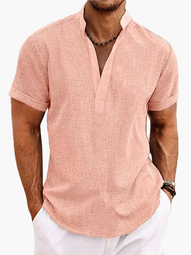 Herren Kurzarm Henley Shirt, unifarben, perfekt für Sommer, Freizeit & Urlaub am Strand.