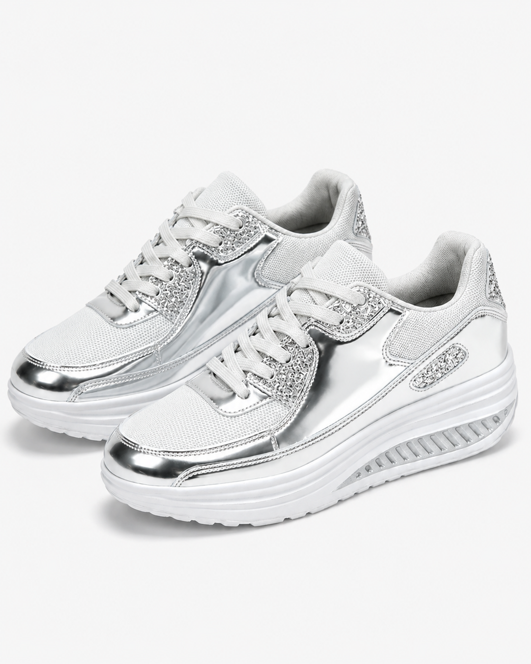Atmungsaktive Damen Sneakers mit glänzendem Design. Bequeme & stylische Freizeitschuhe für modebewusste Frauen.
