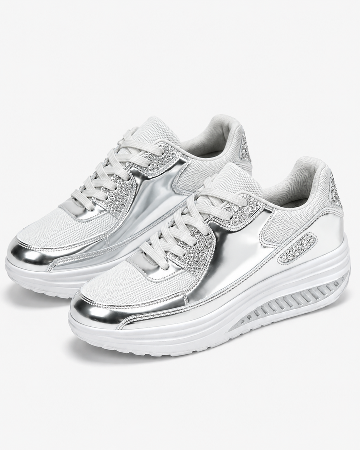 Atmungsaktive Damen Sneakers mit glänzendem Design. Bequeme & stylische Freizeitschuhe für modebewusste Frauen.