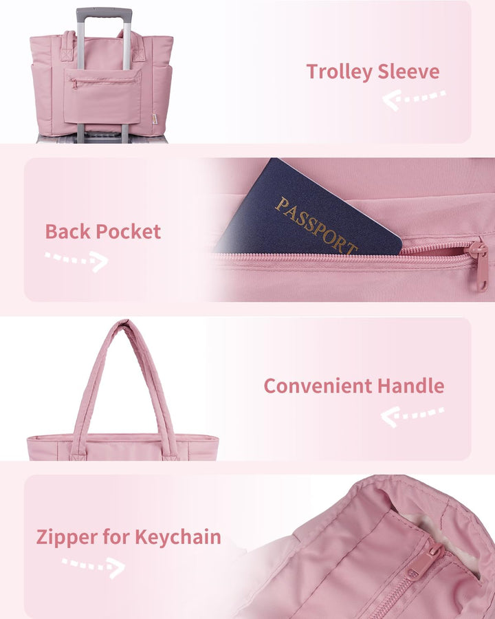 Damen Puffer Tote mit Trolley-Sleeve, ideal für Geschäftsreisen.